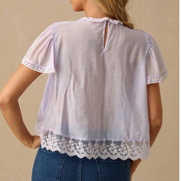 Boho Lace Ruffled Butterfly Sleeve Loose Fit Short Sleeve Blouse - Picture 5 of 5